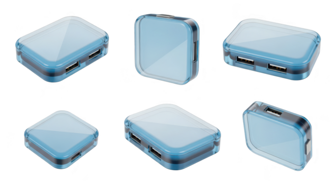 USB hub showcasing different angles against a white backdrop for device connectivity