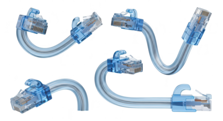 Four blue network cables in various curved positions against white symbolizing connectivity and data transfer Ideal for IT internet and technology design