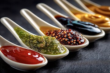 Spoons filled with colorful sauces, including ketchup, mustard, pesto, and soy sauce, create a vibrant and flavorful display on a dark background, suggesting a diverse culinary experience