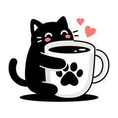 Cute black cat hugging a coffee mug