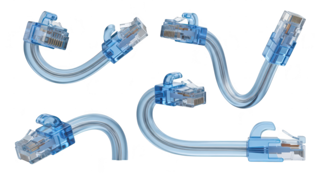 Four blue network cables in various curved positions against white symbolizing connectivity and data transfer Ideal for IT internet and technology design - Powered by Adobe
