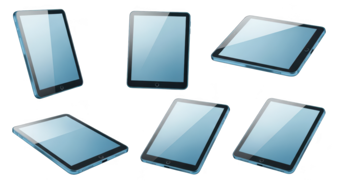 Several digital tablets floating in multiple perspectives on a clean white backdrop showcasing their use for technology or design