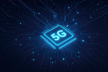 5G technology concept illustration showcasing a circuit board with a glowing processor in deep blue tones and digital connections