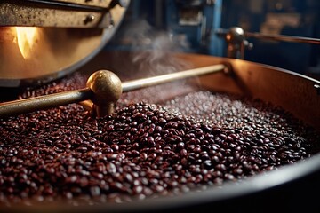 Obraz premium Freshly roasted coffee beans tumbling in a large industrial roaster, releasing steam and filling the air with a rich, inviting aroma, create an enticing scene of the roasting process