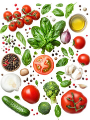 Fresh and Colorful Culinary Ingredients: An array of fresh, vibrant, and appetizing ingredients, from juicy tomatoes and fragrant basil to aromatic garlic and peppercorns, are artfully arranged.