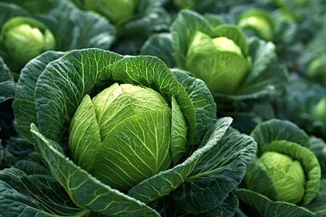 Fototapeta premium Close up view of vibrant green cabbages thriving in a well tended field, highlighting the healthy growth and rich abundance of a farm's flourishing vegetable crop