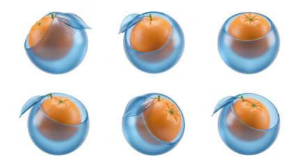 Orange fruit encased in blue sphere floating on a white background for food science illustration