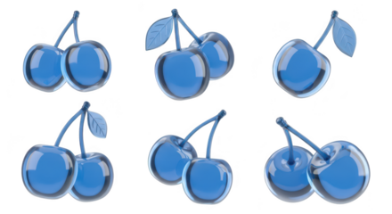 Blue translucent cherries rendered in multiple arrangements on a plain white background suitable for decorative designs or product mockups