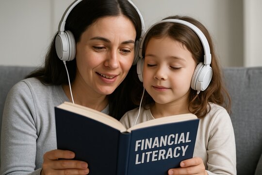 Women in investing audio content empowers through financial education. A woman and a young girl wearing headphones read a book together, sharing a learning moment. - Powered by Adobe