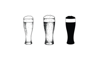 Triple beer glasses: pilsner, lager, stout silhouette illustration with foam. Vector retro hand drawn illustration