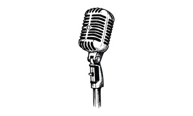Vintage microphone illustration: detailed black and white drawing of retro audio equipment. Vector retro hand drawn illustration