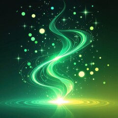Fototapeta premium Abstract swirling green energy vortex with sparkling particles on dark background
