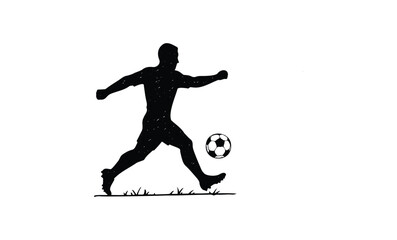 Fototapeta premium Silhouette of male soccer player kicking ball on grass. Vector retro hand drawn illustration