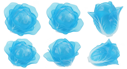 Transparent blue cabbages are floating on a white background showcasing various angles It could be used for digital art or design elements
