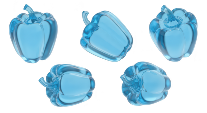 Five translucent blue bell peppers isolated on white displaying transparency ideal for food art or digital design