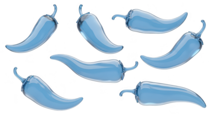 Translucent blue chili peppers float against a white background suggesting flavor or visual appeal for culinary or food design purposes