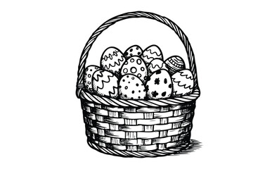 Fototapeta premium Black and white easter basket with decorated eggs drawing. Vector retro hand drawn illustration