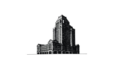 Naklejka premium Vintage monochrome architectural drawing of urban high-rise building. Vector retro hand drawn illustration