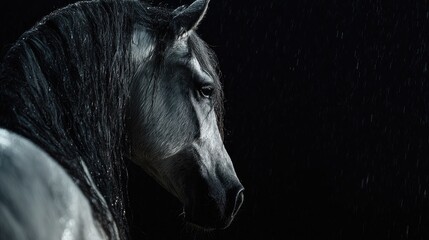 A gray horse's profile in a dark, rainy environment.