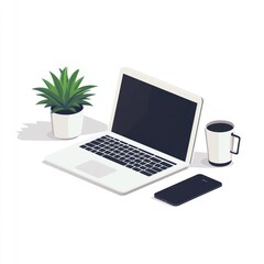 Fototapeta premium Isometric illustration of a laptop, potted plant, coffee cup, and phone on a desk. A white laptop with a black screen sits angled diagonally. A potted succulent plant in a white pot sits beside it. 