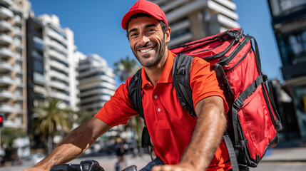 Portrait of delivery man in red uniform with backpack riding bicycle in city