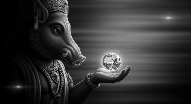 Varaha, the boarheaded avatar of vishnu, holds the earth in his hand in a monochrome depiction
