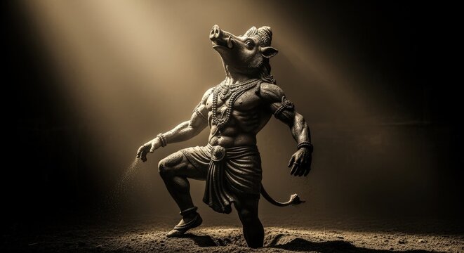 Varaha, the boar avatar of vishnu, strikes a powerful pose in a sepiatoned spotlight