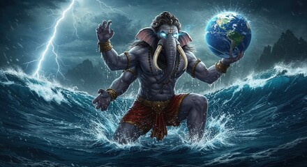 Ganesha, the hindu god of wisdom and prosperity, holding the earth amidst a stormy ocean