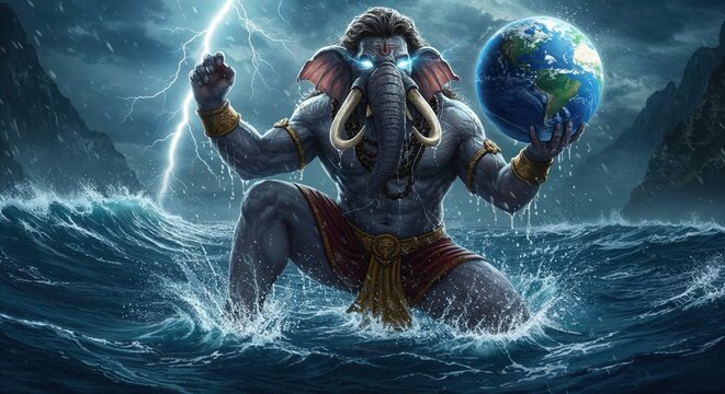 A powerful ganesha, the hindu deity, stands in the ocean holding the world during a lightning storm - Powered by Adobe