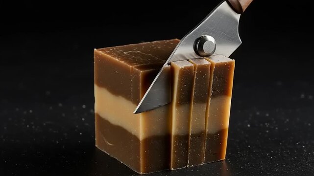 Artisan Soap Making: Cutting a Loaf of Layered Soap with a Stainless Steel Blade