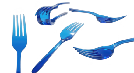 Blue forks arranged in various abstract poses on a white surface creating a conceptual image Used for modern art or design