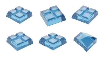 Six stylized 3D-rendered translucent blue geometric abstract art blocks rotate on a white background for graphic design assets