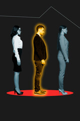 Sketch art pop poster banner collage of serious businessman girl guy stand graph development personality silhouette candidate