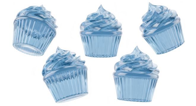 Five blue glass cupcakes levitating against a white backdrop potentially for a fantasy dessert or conceptual artwork