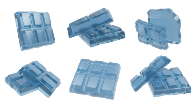 Blue gel blocks arranged in various stacks against a blank white background perfect for illustrating abstract concepts