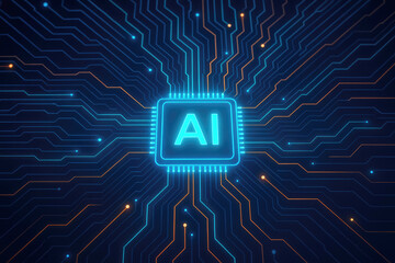 Innovative artificial intelligence chip design illustration showcasing advanced technology and circuitry glowing in blue and orange tones