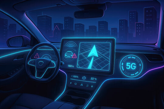 Futuristic car interior featuring advanced navigation system with bright neon lights against city skyline at night