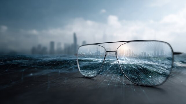 A pair of glasses reflecting a futuristic cityscape and digital waves, symbolizing the integration between human vision and technology in AI-generated images. 