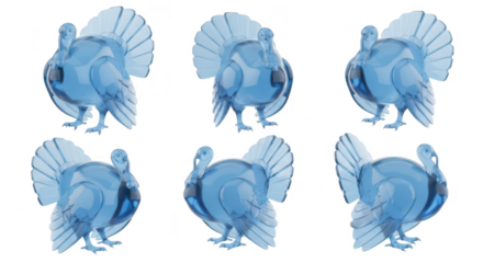 Crystal turkey figures in various poses on white background for Thanksgiving or holiday designs