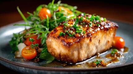 A perfectly grilled salmon filet marinated to perfection, paired beautifully with a vibrant salad of fresh greens and cherry tomatoes, highlighting the essence of healthy dining.