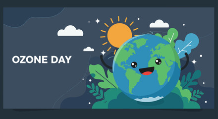 Happy world, sun, and plants, celebrating world ozone day