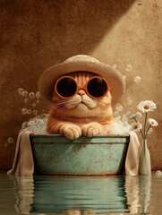 A cute orange cat wearing sunglasses and a straw hat relaxes in a rustic tub full of bubbles. Whimsical and cozy scene with warm lighting and vintage charm, perfect for pet-themed decor.