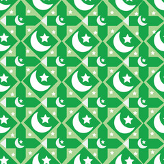 A vibrant geometric pattern featuring alternating designs of crescents, stars, and intricate shapes in shades of green and white.