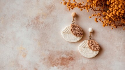 Beige and brown polymer clay leaf-shaped earrings on a light beige surface, with dried orange flowers