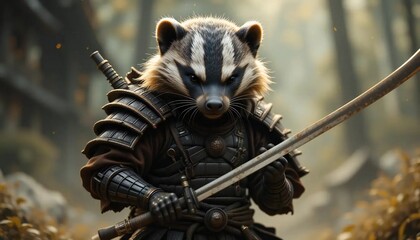 Obraz premium A raccoon warrior in dark armor holding a katana in a forest with a blurred background and a serious look