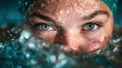 This striking image captures a swimmer’s intense blue-green eyes peering through the water bubbles, showcasing determination and focus in an underwater setting.