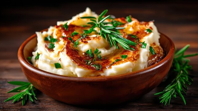 This inviting image showcases a rustic bowl of creamy mashed potatoes garnished with herbs, perfect for conveying comfort and homeliness in culinary photography.