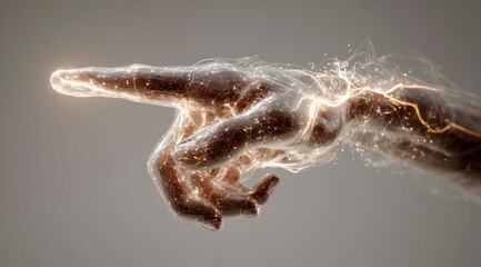 A human hand reaching or pointing towards the camera is made of transparent holographic material that emits light from within, creating the illusion of energy and heat. Futuristic technology, high-tec