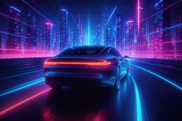 Modern electric car driving through a futuristic cityscape illuminated with neon lights at night
