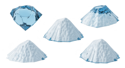 Isolated faceted ice crystal variations displaying different stages of melting with a white backdrop perfect for design elements